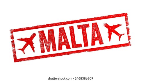 Malta - is an island country in Southern Europe, located in the Mediterranean Sea, text emblem stamp with airplane