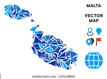 Malta Island map mosaic of blue triangle elements in variable sizes and shapes. Vector triangles are arranged into geographic Malta Island map collage.