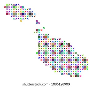 Malta Island map. Vector abstraction of geographic scheme. Regular pattern is created with x-cross elements in different colors.