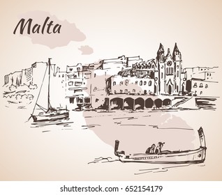 Malta island old buildings sketch. Isolated on white background