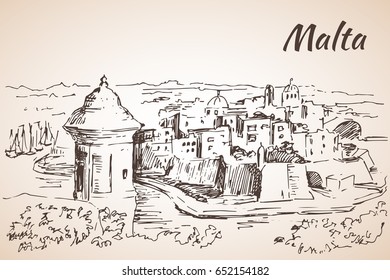 Malta island old buildings sketch. Isolated on white background