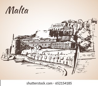 Malta island old buildings sketch. Isolated on white background