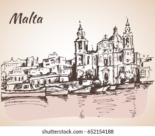 Malta island old buildings sketch. Isolated on white background