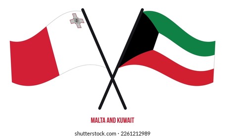 Malta and Kuwait Flags Crossed And Waving Flat Style. Official Proportion. Correct Colors.