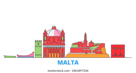 Paisaje urbano en línea de Malta, vector plano. Punto de referencia de la ciudad de viajes, ilustración de oultine, íconos del mundo de la línea