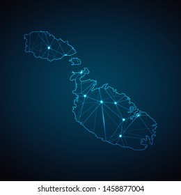 Malta Map - Abstract geometric mesh polygonal network line, structure and point scales on dark background with lights in the form of cities. Vector illustration eps 10.