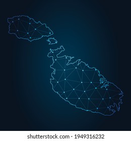malta Map Abstract mash line and point scales on dark background. Wire Frame 3D mesh polygonal network line.