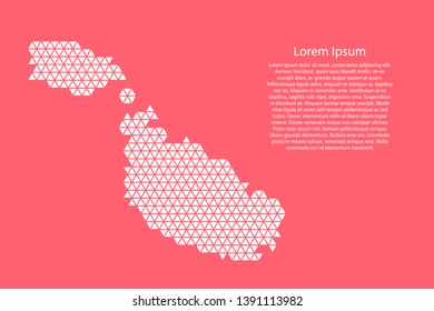 Malta map abstract schematic from white  triangles repeating pattern geometric on pink coral color  background with nodes for banner, poster, greeting card. Vector illustration.