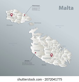 Malta map, administrative division with names, blue white card paper 3D vector