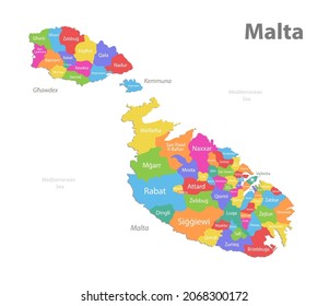 Mapa de Malta, división administrativa, regiones individuales separadas con nombres, mapa de color aislado en el vector de fondo blanco