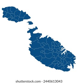 Malta map. Map of Malta in administrative provinces in blue color