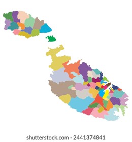 Malta map. Map of Malta in administrative provinces in multicolor