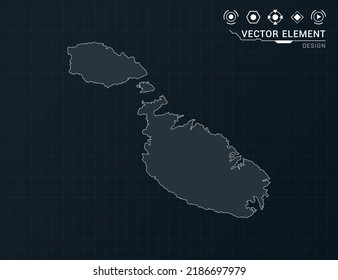 Malta map of black digital frame HUD, GUI, UI interface technology radar vector.