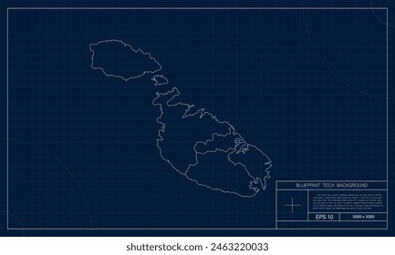 Malta Map with Blueprint Tech Style Background.