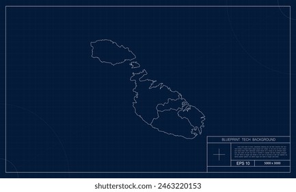 Malta Map with Blueprint Tech Style Background.