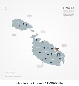 Malta map with borders, cities, capital Valletta and administrative divisions. Infographic vector map. Editable layers clearly labeled.