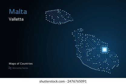 Malta Map with a capital of Valletta Shown in a Microchip Pattern with processor. E-government. World Countries vector maps. Microchip Series	