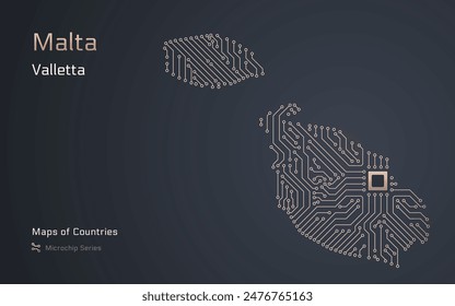 Malta Map with a capital of Valletta Shown in a Microchip Pattern with processor. E-government. World Countries vector maps. Microchip Series	