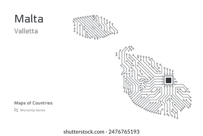 Malta Map with a capital of Valletta Shown in a Microchip Pattern with processor. E-government. World Countries vector maps. Microchip Series	