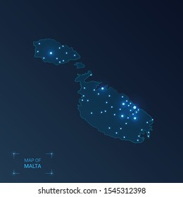Malta map with cities. Luminous dots - neon lights on dark background. Vector illustration. 