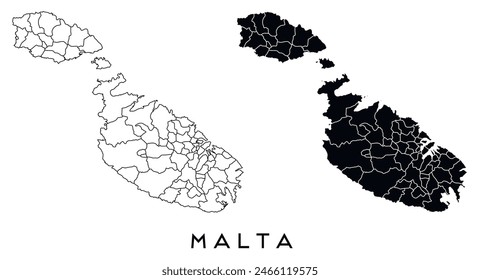 Malta map of city regions districts vector black on white