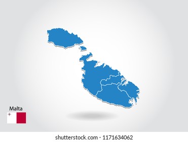 malta map design with 3D style. Blue malta map and National flag. Simple vector map with contour, shape, outline, on white.