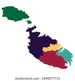 Malta map. Map of Malta in five main regions in multicolor