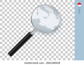 Malta map with flag in magnifying glass on transparent background. Vector loupe with map.