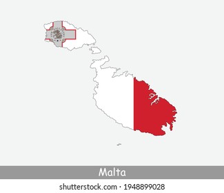 Bandera del mapa de Malta. Mapa de la República de Malta con la bandera nacional maltesa aislada de fondo blanco. Ilustración vectorial.