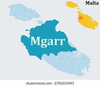 Mġarr Malta Map and Flag - Village, Trilithon Symbol and Local Council Vector Outline.