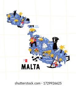 Mapa de Malta de la bandera de ilustración vectorial dibujada a mano plana. Letras de nombres y monumentos de dibujos animados, atracciones turísticas y cliparts.  Viajes en La Valeta, afiche de historietas de viaje, diseño de pancartas.ai