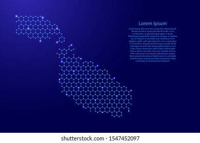 Malta map from futuristic hexagonal shapes, lines, points  blue and glowing stars in nodes, form of honeycomb or molecular structure for banner, poster, greeting card. Vector illustration.