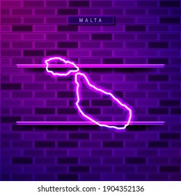 Malta map glowing neon lamp sign. Realistic vector illustration. Country name plate. Purple brick wall, violet glow, metal holders.