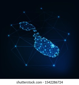 Malta map glowing silhouette outline made of stars lines dots triangles, low polygonal shapes. Communication, internet technologies concept. Wire frame futuristic design. Vector illustration