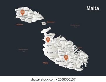 Malta map, Infographics flat design colors snow white, with names of individual regions vector