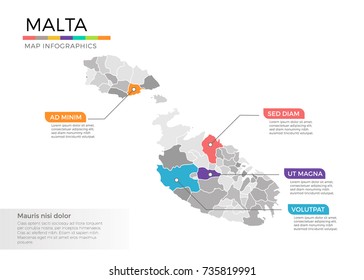 Malta map infographics vector template with regions and pointer marks