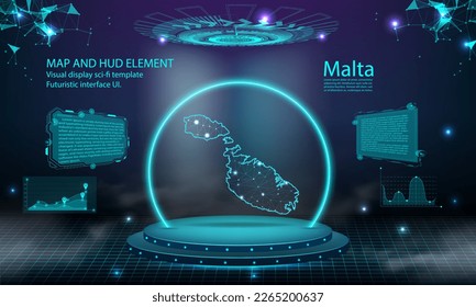 malta map light connecting effect background. abstract digital technology UI, GUI, futuristic HUD Virtual Interface with malta map. Stage futuristic podium in fog.