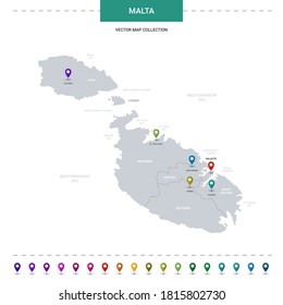 Malta map with location pointer marks. Infographic vector template, isolated on white background. 