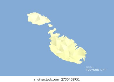 Mapa de Malta en estilo de Vector de polígono de polietileno bajo, ilustración de forma geométrica con tonos amarillos suaves sobre fondo azul, silueta limpia para infografía.