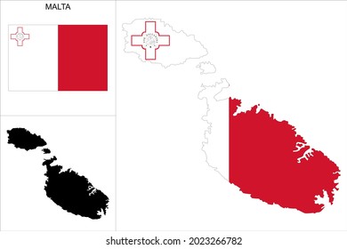 Malta map with Maltese flag background - Map as a black pattern and Maltese flag available separately
