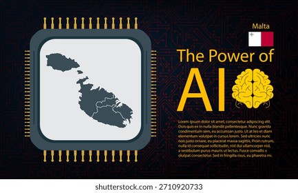mapa de malta com guerra de microchips e conceito de IA na placa de circuito, Poder da IA com mapa de país. Conectividade global com big data. Design para planos de fundo de IU ou projetos FinTech.