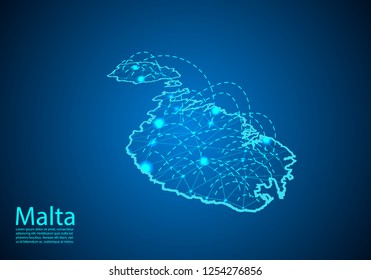 malta map with nodes linked by lines. concept of global communication and business. Dark malta map created from white dots with travel locations or internet connection.