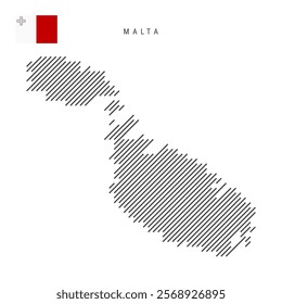 Malta map from pattern of black slanted parallel lines. Maltese map with gray diagonal lines. Silhouette of a country made of oblique hatching. Vector illustration isolated on white.