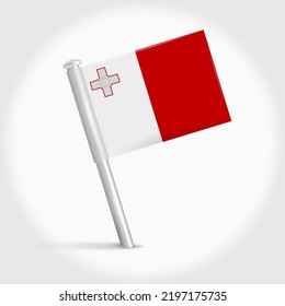 Malta map pin flag icon. Maltese pennant map marker on a metal needle. 3D realistic vector illustration.