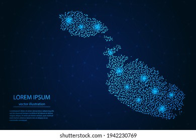 Mapa de Malta desde el punto azul y estrellas brillantes en un fondo oscuro. Vector eps 10.