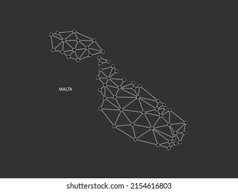 Malta Map Point scales on black background. Wire frame polygonal network white line, dot and shadow dot.