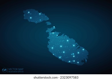 Malta map radial dotted pattern in futuristic style, design blue circle glowing outline made of stars. concept of communication on dark blue background. Vector EPS10