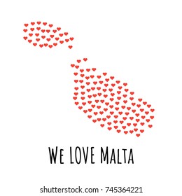 Malta Map with red hearts- symbol of love. abstract background with text We Love Malta. vector illustration. Print for t-shirt