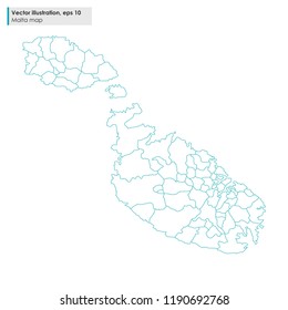 malta map with regions vector line illustration on white background