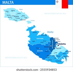 Malta Map Vector Blue Spot - Customizable layered political map of Malta with administrative divisions for website, education, reports, news, politics, print, poster and wallpaper